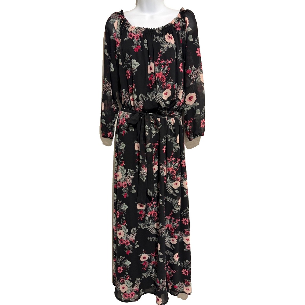 Jones Studio Peasant Maxi Dress~Sz 12~ Black Floral Waist Ties Boho Dark Fairy
